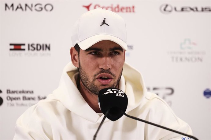 Carlos Alcaraz of Spain attends a press conference to announce his withdrawal from the 2026 Barcelona Open Banc Sabadell - Conde Godo, held at the Real Club de Tenis de Barcelona on 15 April 2026 in Barcelona, Spain.