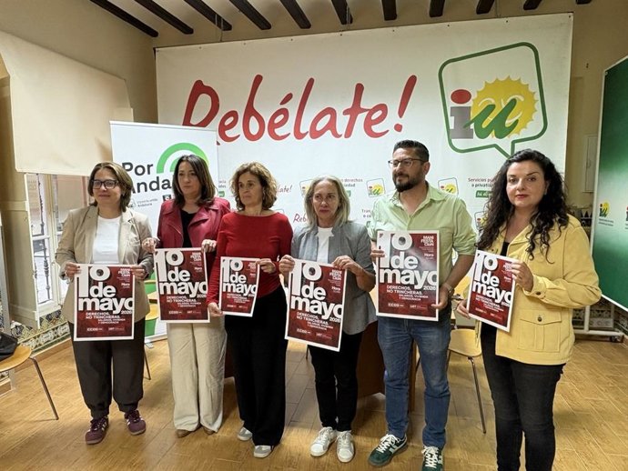 Los cabezas de lista en la candidatura de Por Andalucía al Parlamento de Andalucía por la provincia de Cádiz, Esperanza Gómez y Jorge Rodríguez, junto a las responsables de CCOO y UGT en Cádiz, Inma Ortega y Paula Fernández, respectivamente.