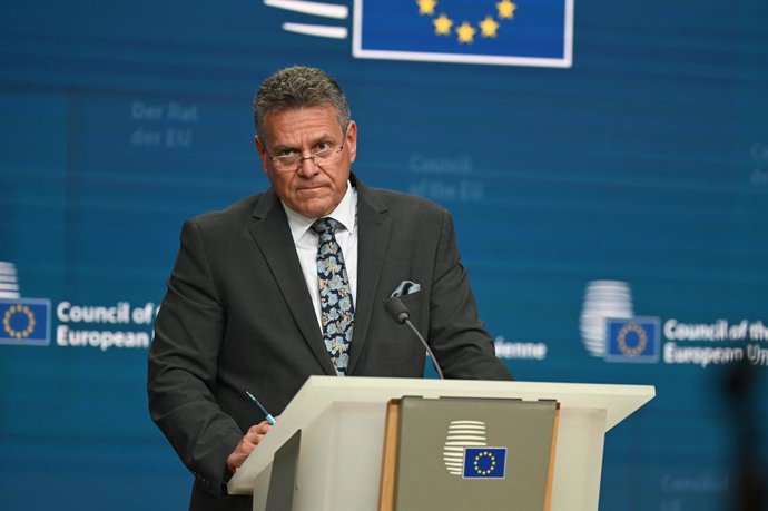Archivo - 14 July 2025, Belgium, Brussels: EU Commissioner Maros Sefcovic speaks during the EU trade ministers' meeting in Brussels. In response to new tariff announcements by US President Donald Trump, Sefcovic announced that the EU is preparing addition