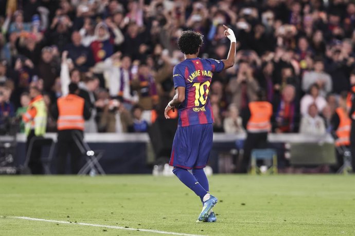 Lamine Yamal of FC Barcelona celebrates a goal during the Spanish league, LaLiga EA Sports, football match played between FC Barcelona and RC Celta de Vigo at Spotify Camp Nou stadium on April 22, 2026 in Barcelona, Spain.
