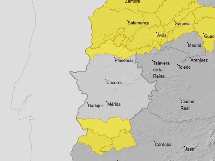 Aviso amarillo en el norte de la provincia de Cáceres y al sur de la provincia de Badajoz para este sábado, 25 de abril de 2026.