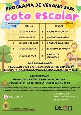 El Ayuntamiento de León abre el martes la inscripción en los Campamentos de Verano del Coto Escolar de julio y agosto