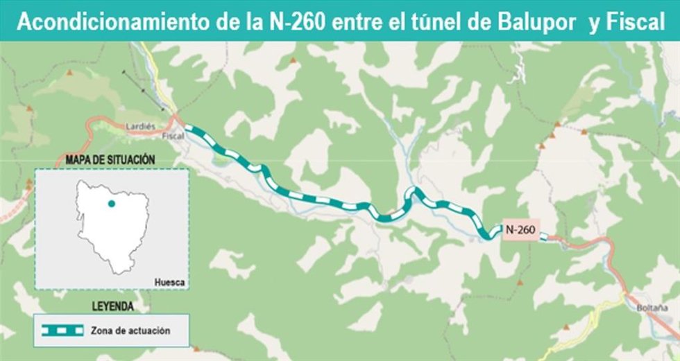 Archivo - Mapa del trazado aprobado por el Mitma en 2023 para acondicionar la carretera N-260 entre el túnel de Balupor y Fiscal, en la provincia de Huesca.