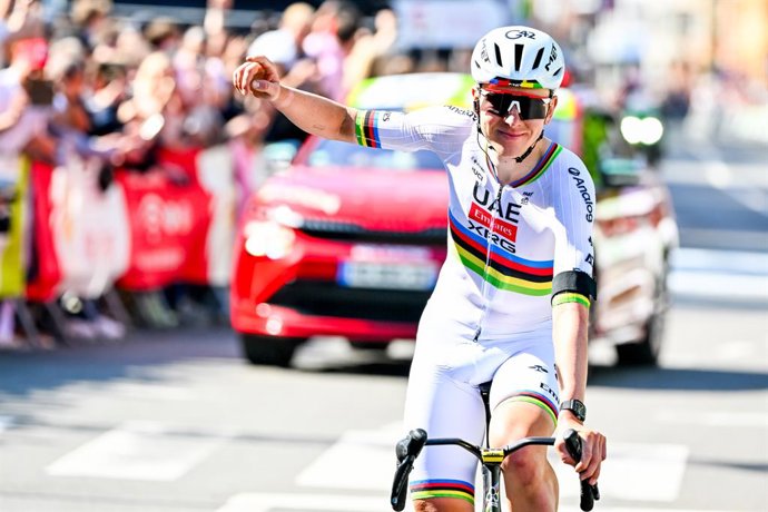 Slovenian Tadej Pogacar of UAE Team Emirates-XRG celebrates as he crosses the finish line to win the men elite race of the Liege-Bastogne-Liege UCI World Tour one day cycling race, 259,5km from Liege, over Bastogne to Liege, Sunday 26 April 2026.