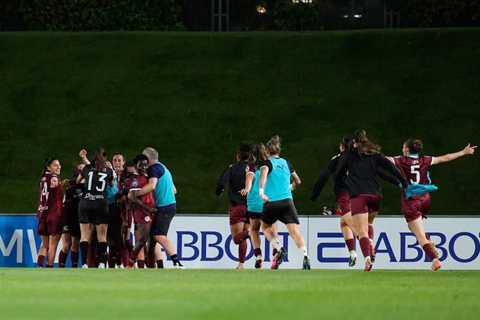 Annelie Leitner of DUX Logrono celebrates a goal with teammates during the Spanish Women League, Liga F, football match played between Real Madrid and DUX Logrono at Alfredo Di Stefano stadium on April 26, 2026, in Valdebebas, Madrid, Spain.