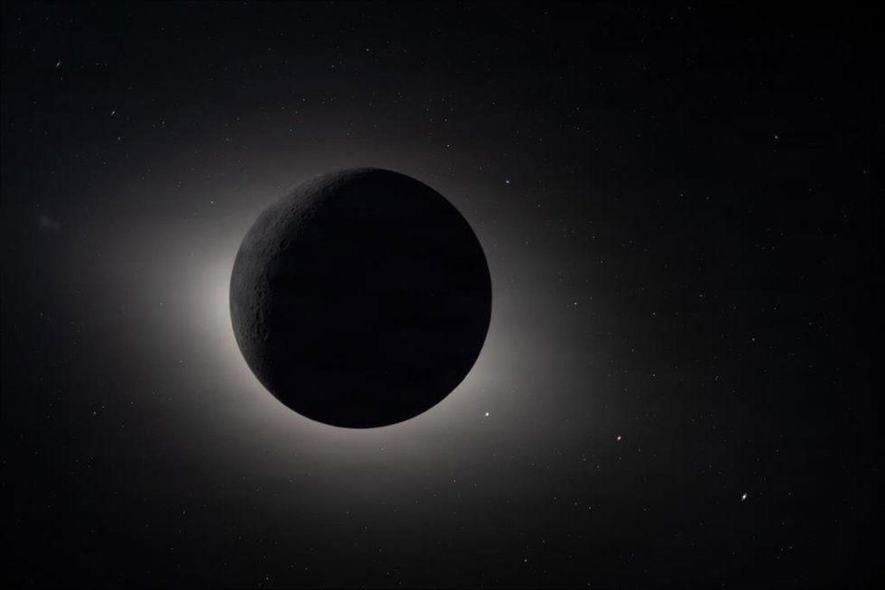 April 8, 2026, Orion Capsule, Outer Space: The Moon, backlit by the Sun during a solar eclipse, photographed by the Orion spacecraft external camera mounted on the solar array as the Artemis II mission approaches the Moon showing on day 6 of the mission a