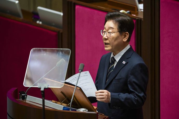 April 2, 2026, Seoul, South Korea: LEE JAE MYUNG, president of South Korea, addresses a session of the National Assembly during an administrative speech on Thursday, April 2, 2026 in Seoul, South Korea. The Lee government is asking for an emergency supple
