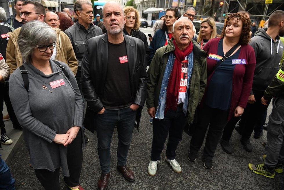 Archivo - (I-D) La secretaria CCOO de la Comunidad de Madrid, Paloma López; el secretario general de CCOO, Unai Sordo; el secretario general de UGT, Pepe Álvarez y la secretaria general de UGT Madrid, Susana Huertas.
