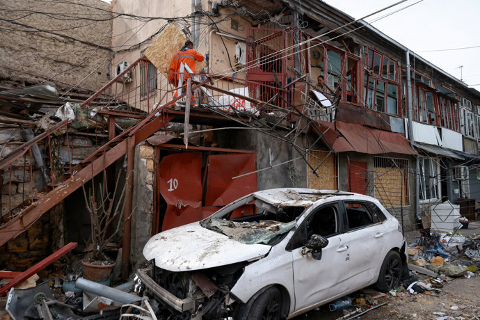 April 24, 2026, Odesa, Ukraine: A car and a house damaged by a Russian strike in the Khadzhybeiskyi district of Odesa, Ukraine, on April 24, 2026. A 75-year-old couple was killed and fourteen people were injured in the attack