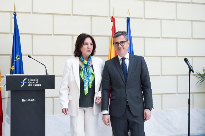 El ministro de la Presidencia, Justicia y Relaciones con las Cortes, Félix Bolaños, y la fiscal general del Estado, Teresa Peramato, visitan, las nuevas dependencias de la Fiscalía General del Estado en Madrid, a 27 de abril de 2026, en Madrid (España).