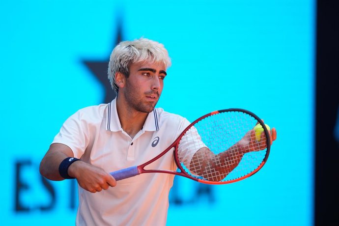Daniel Merida of Spain in action against Stefanos Tsitsipas of Greece during the Mutua Madrid Open 2026, ATP Masters 1000 and WTA 1000, at La Caja Magica on April 27, 2026 in Madrid, Spain.
