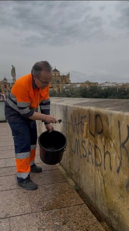 Equipo de limpieza de Sadeco ante las pintadas en el Puente Romano.
