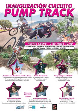 Cartel del evento inaugural del pump track de Puente Castro (León), que tendrá lugar el próximo día 9 de mayo.