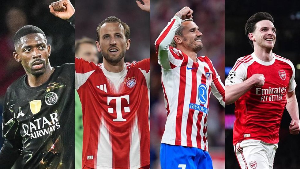 (De Izq A Dcha) Los Futbolistas Ousmane Dembélé (PSG), Harry Kane (Bayern), Antoine Griezmann (Atlético De Madrid) Y Declan Rice (Arsenal).