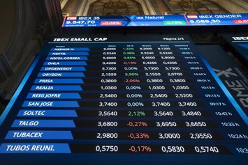 Archivo - Valores económicos en paneles en el Palacio de la Bolsa, a 18 de septiembre de 2023, en Madrid (España). 
