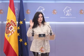 La portavoz de VOX en el Congreso, Pepa Millán, durante una rueda de prensa en el Congreso de los Diputados, a 21 de abril de 2026, en Madrid (España).