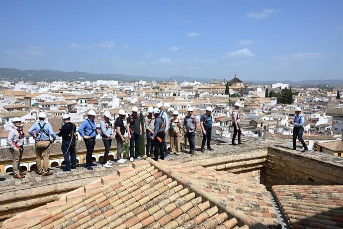 Un momento de la visita técnica de la cúpula directiva de Marioff a las cubiertas de la Mezquita-Catedral de Córdoba.