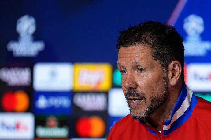 Diego Pablo Simeone, head coach of Atletico de Madrid, attends his press conference during the training day of Atletico de Madrid ahead the UEFA Champions League 2025/26 Quarter-Final Second Leg match against FC Barcelona at Riyadh Air Metropolitano on Ap