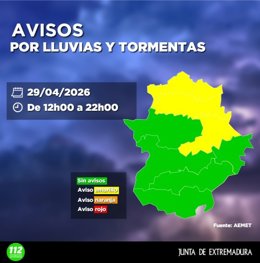 Alerta amarilla por lluvias y tormentas en varias comarcas cacereñas
