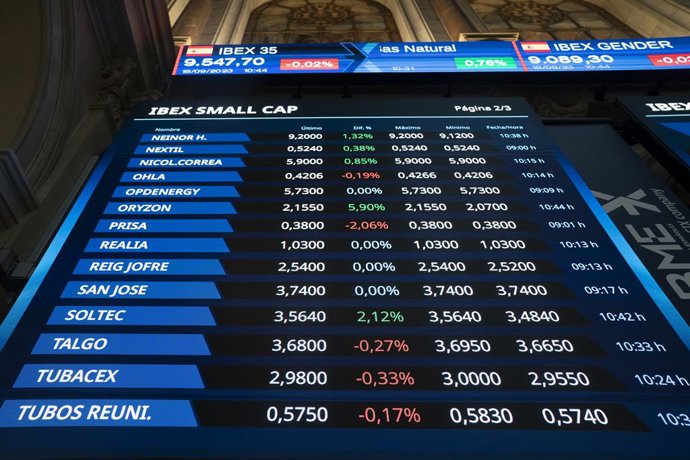 Archivo - Valores económicos en paneles en el Palacio de la Bolsa, a 18 de septiembre de 2023, en Madrid (España). El Ibex 35 ha iniciado la primera sesión de la semana con un descenso del 0,11%, lo que ha llevado al selectivo a mantener la cota de los 9.