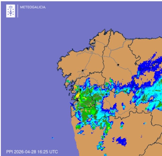 Evolución de tormentas en Galicia a las 18,25 horas (16,25 hora UTC) del 28 de abril de 2026