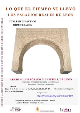 Cartel del taller didáctico que llevará a cabo el Archivo Histórico Municipal de León sobre los antiguos palacios reales durante el mes de mayo.