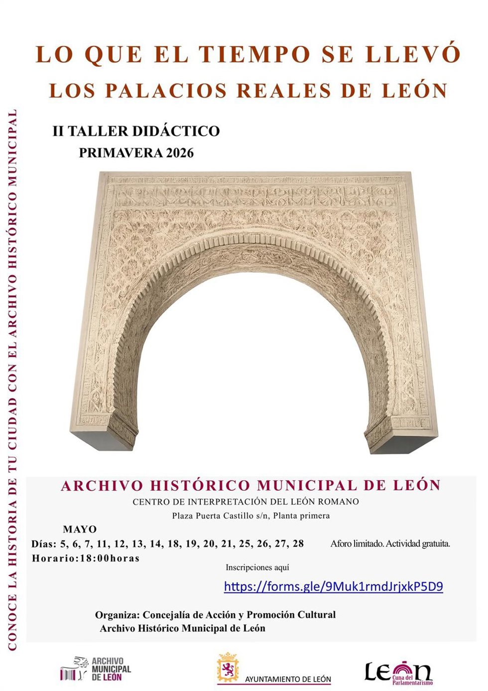 Cartel del taller didáctico que llevará a cabo el Archivo Histórico Municipal de León sobre los antiguos palacios reales durante el mes de mayo.
