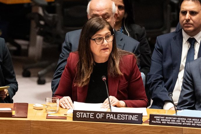 28 de abril de 2026, Nova York, Nova York, Estados Unidos: Varsen Aghabekian, Ministro das Relações Exteriores e dos Expatriados do Estado da Palestina, discursa durante a reunião do Conselho de Segurança sobre a situação no Oriente Médio, incluindo a que