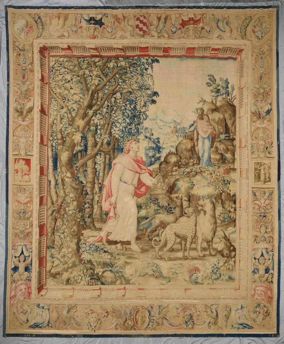 El tapiz 'El encuentro de Dante y Virgilio', 1546–49. Lana, seda, tejido en tapiz.