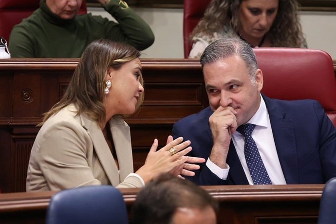 La diputada del PP, Jennifer Curbelo, dialoga con su compañero, Carlos Ester