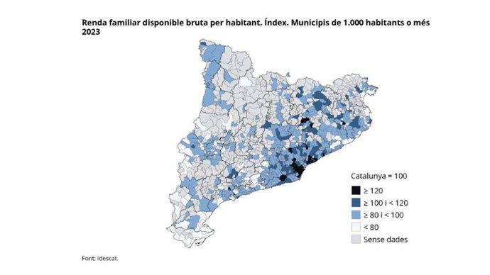 Mapa de los municipios de Catalunya por la renta familiar disponible por habitante en 2023