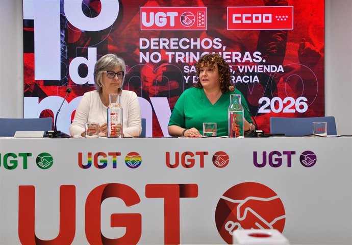 Rueda de prensa de las secretarias generales de CC.OO y UGT Madrid, Paloma López y Susaa Huertas, respectivamente.