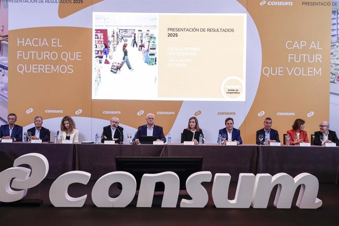 El director general de Consum, Antonio Rodríguez Lázaro, presenta los resultados de la cooperativa correspondientes al ejercicio 2025, a 29 de abril de 2026, en Valencia, Comunidad Valenciana (España).