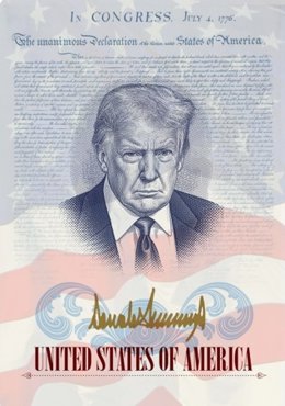 Imagem da futura "edição limitada" dos passaportes dos Estados Unidos, que incluirão a foto do presidente, Donald Trump