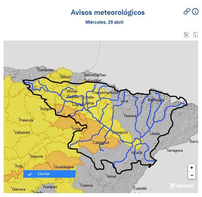 Avisos meteorológicos de la Aemet para el 29 de abril de 2026 en la cuenca del Ebro.