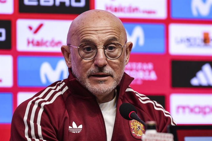 Luis de la Fuente, head coach of Spain, attends the press conference ahead of the International friendly, football match against Egypt at RCDE Stadium on March 30, 2026 in Cornella, Spain.