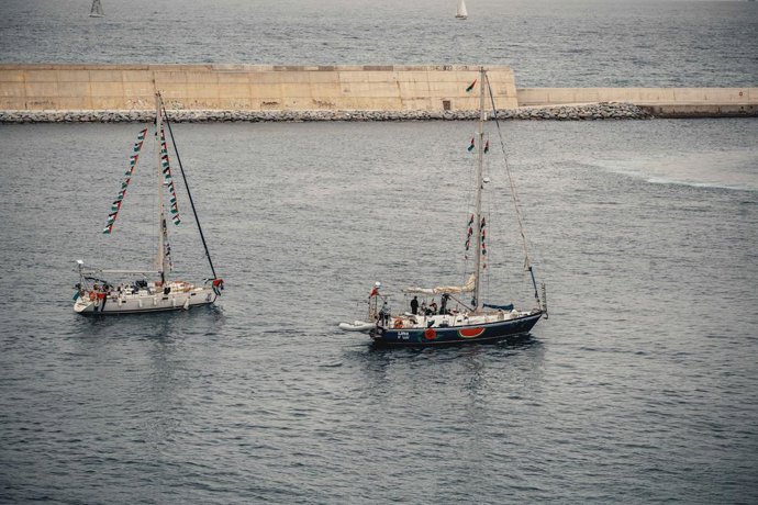 April 12, 2026, Barcelona, Catalonia, Spain: Boats taking part in the Global Sumud Flotilla sail out of Barcelona, Spain, for Gaza. The Global Sumud Flotilla is a civilian-led maritime mission seeking to reach Gaza, made up of more than 70 boats and over 