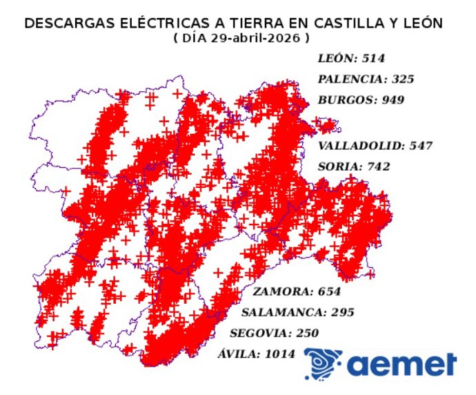 Descargas eléctricas a tierra en Castilla y León el 29 de abril de 2026.