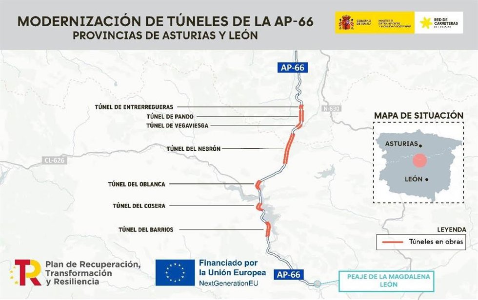 Transportes continúa con la modernización de siete túneles de la AP-66 entre Asturias y León, con una inversión de 76,36 millones de euros
