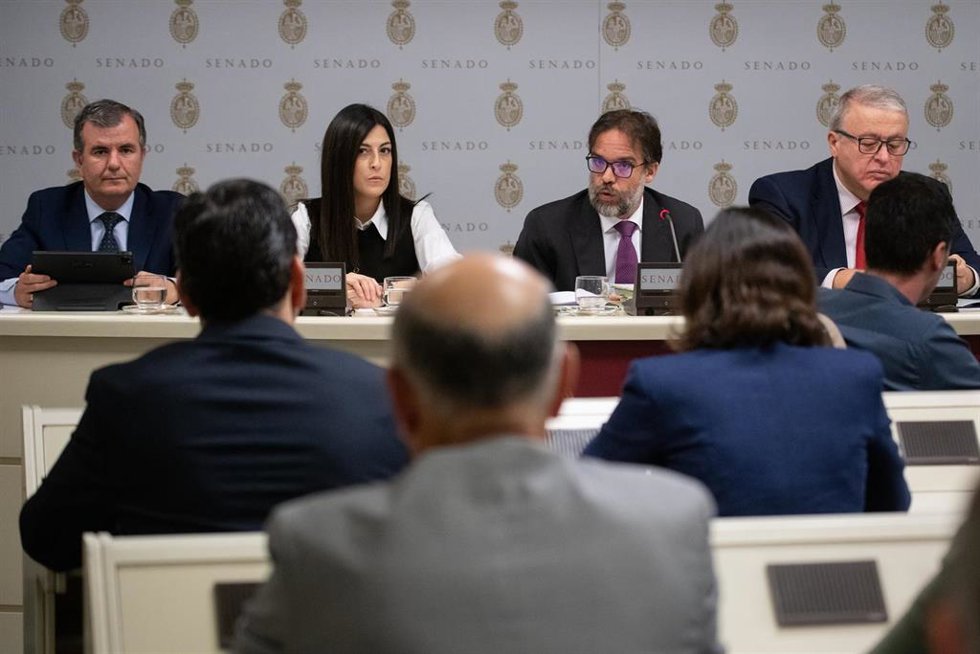 El residente de Renfe, Álvaro Fernández Heredia (tercero por la izquierda), comparece ante la Comisión de Investigación sobre el estado de la red ferroviaria en España, en el Senado