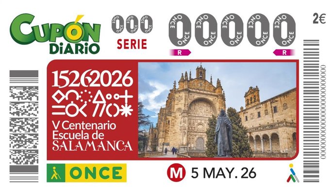 El V Centenario de la Escuela de Salamanca protagoniza el cupón de la ONCE del sorteo del 5 de mayo.