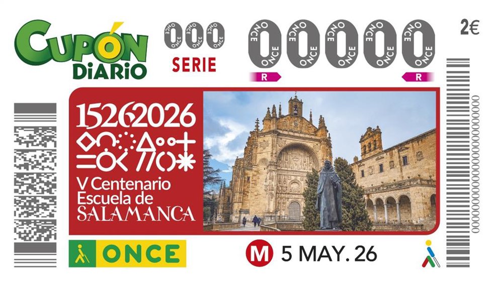 El V Centenario de la Escuela de Salamanca protagoniza el cupón de la ONCE del sorteo del 5 de mayo.