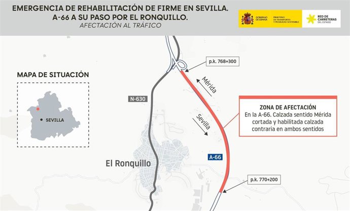 Imagen del mapa de la autovía A-66, a su paso por El Ronquillo (Sevilla).
