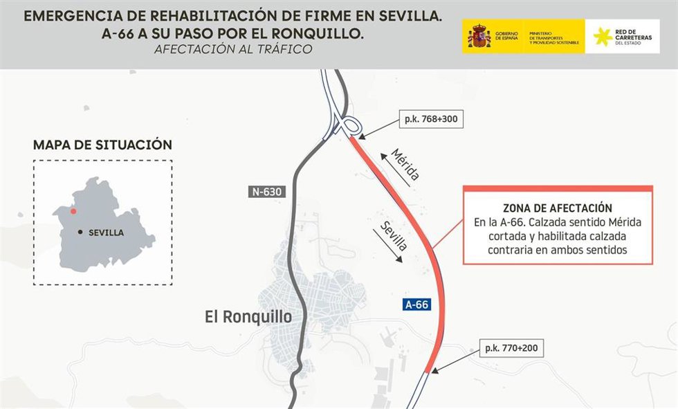Imagen del mapa de la autovía A-66, a su paso por El Ronquillo (Sevilla).