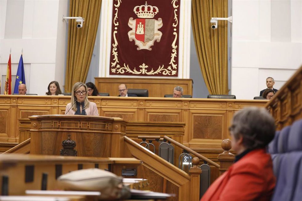La diputada del Grupo Popular Lola Merino interviene en el pleno de las Cortes ante la consejera de Desarrollo Sostenible, Mercedes Gómez.