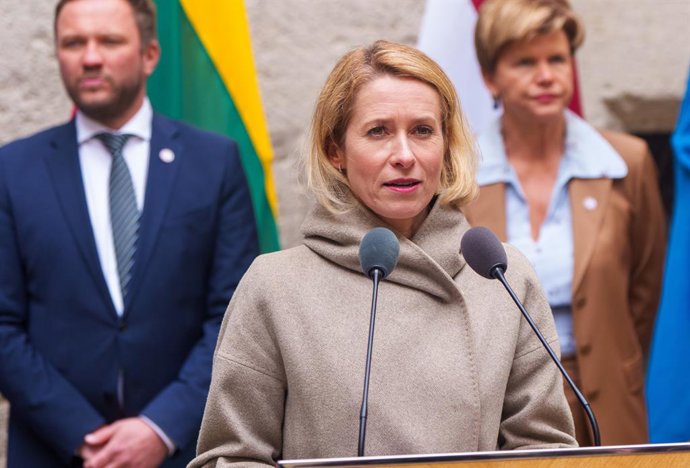 A Alta Representante da União Europeia para a Política Externa, Kaja Kallas, em uma coletiva de imprensa em Kuressaare, na Estônia