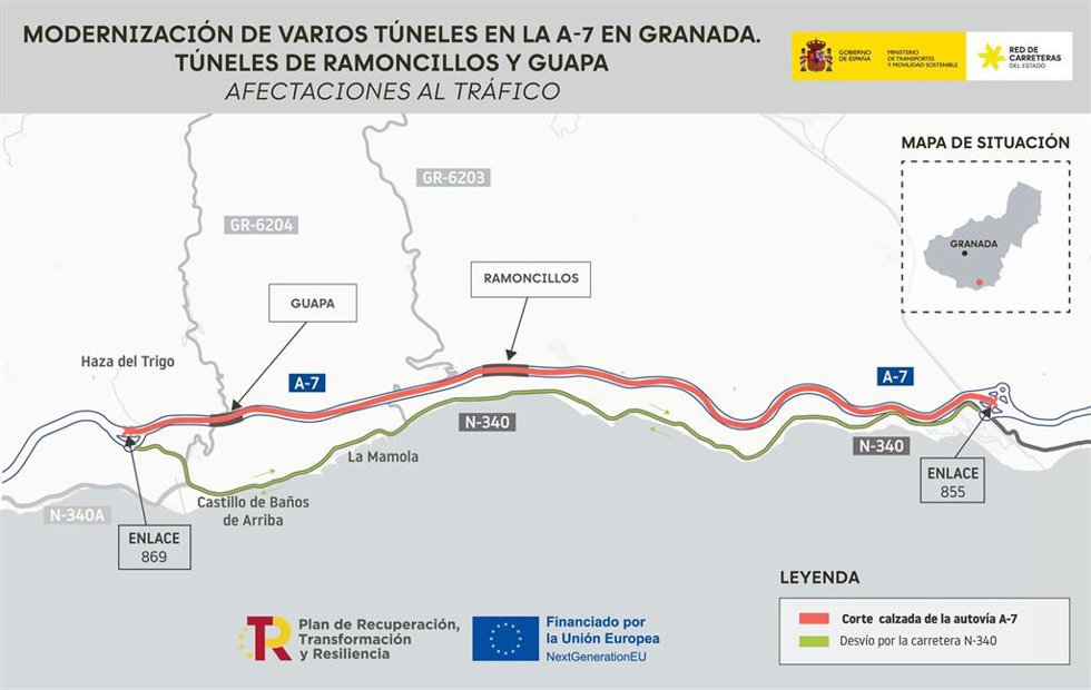 Afectaciones al tráfico por las obras de modernización de dos túneles de la A-7 en la Costa de Granada