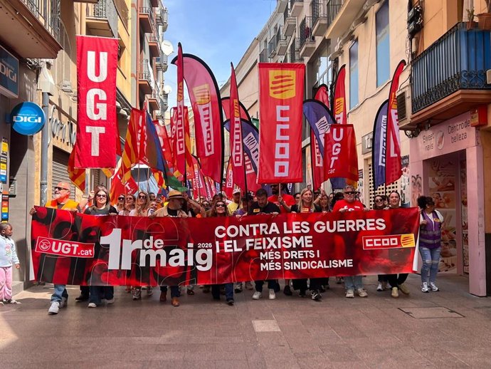 Moment de la manifestació de l'1 de maig a Lleida