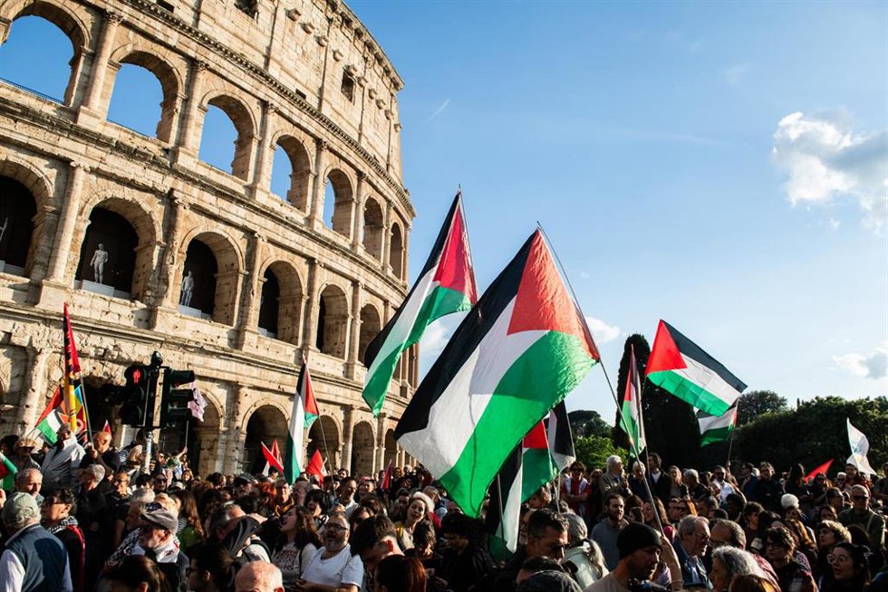 Movilización en Roma, Italia, en apoyo de Flotilla Global Sumud.