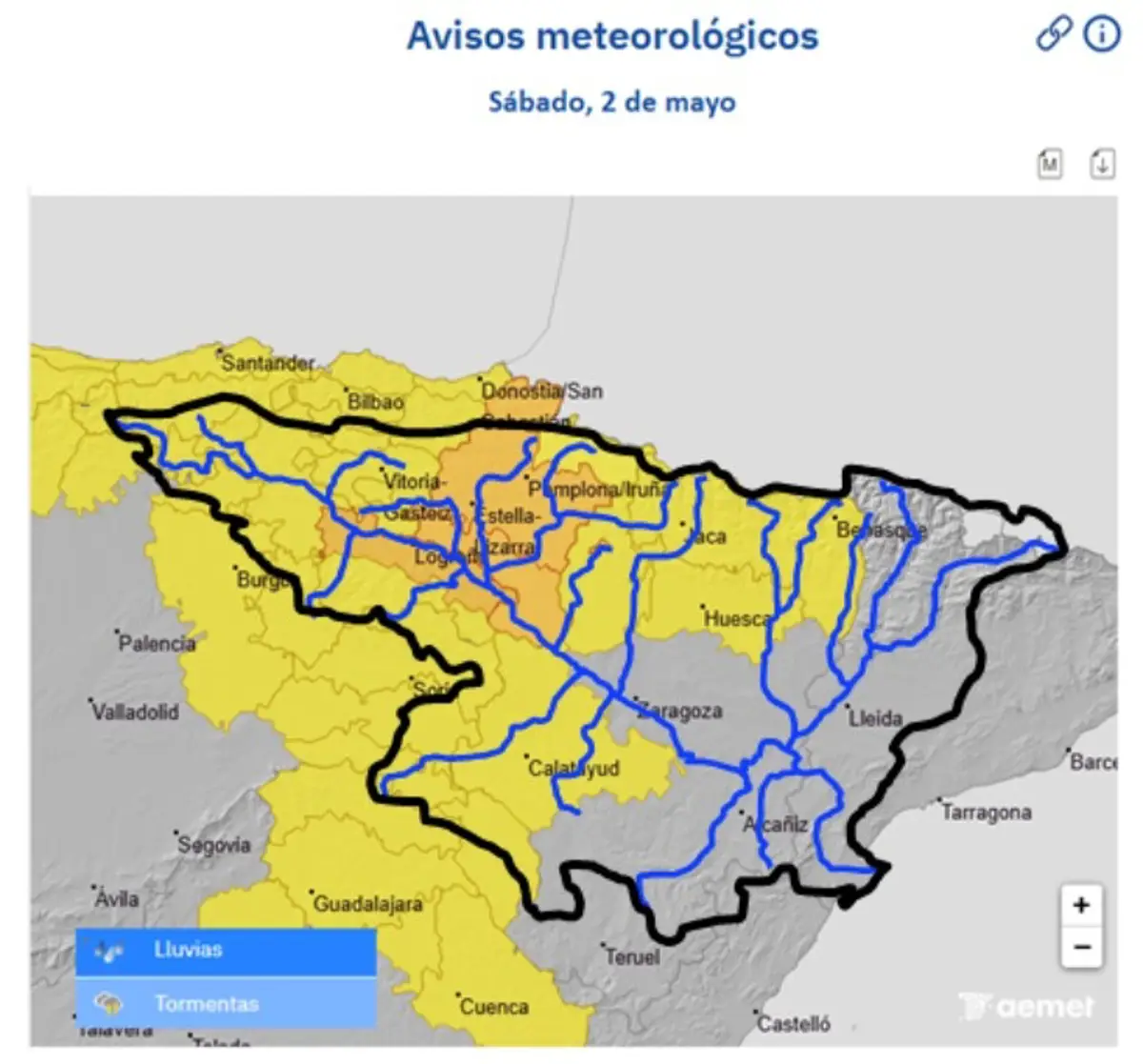 Mapa con los avisos meteorológicos por lluvias en la cuenca del Ebro.